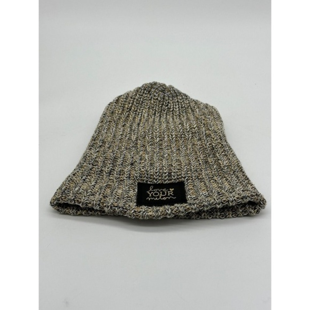 Love Your Melon Hat Womens One Size Metallic Gold Spell Out Logo Knit Beanie Cap